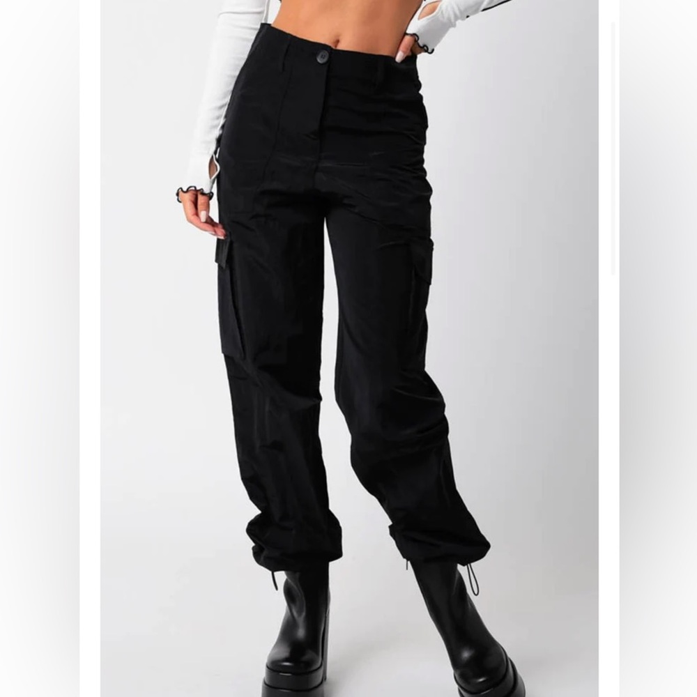 Olivaceous black satin cargo pants